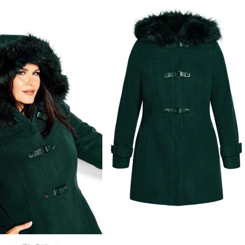 216. CITY CHIC Wonderwall NWT Alpine Green Faux Fur Trim Coat XXL - Picture 2 of 3
